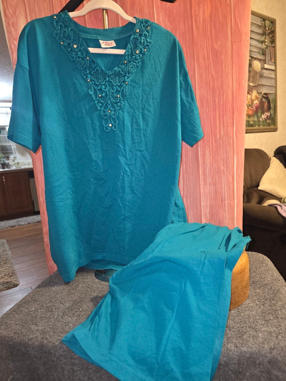 Fisli Super Teal Turquoise Knit 2 Piece Short Set Womens Plus Size 18 1X Beaded